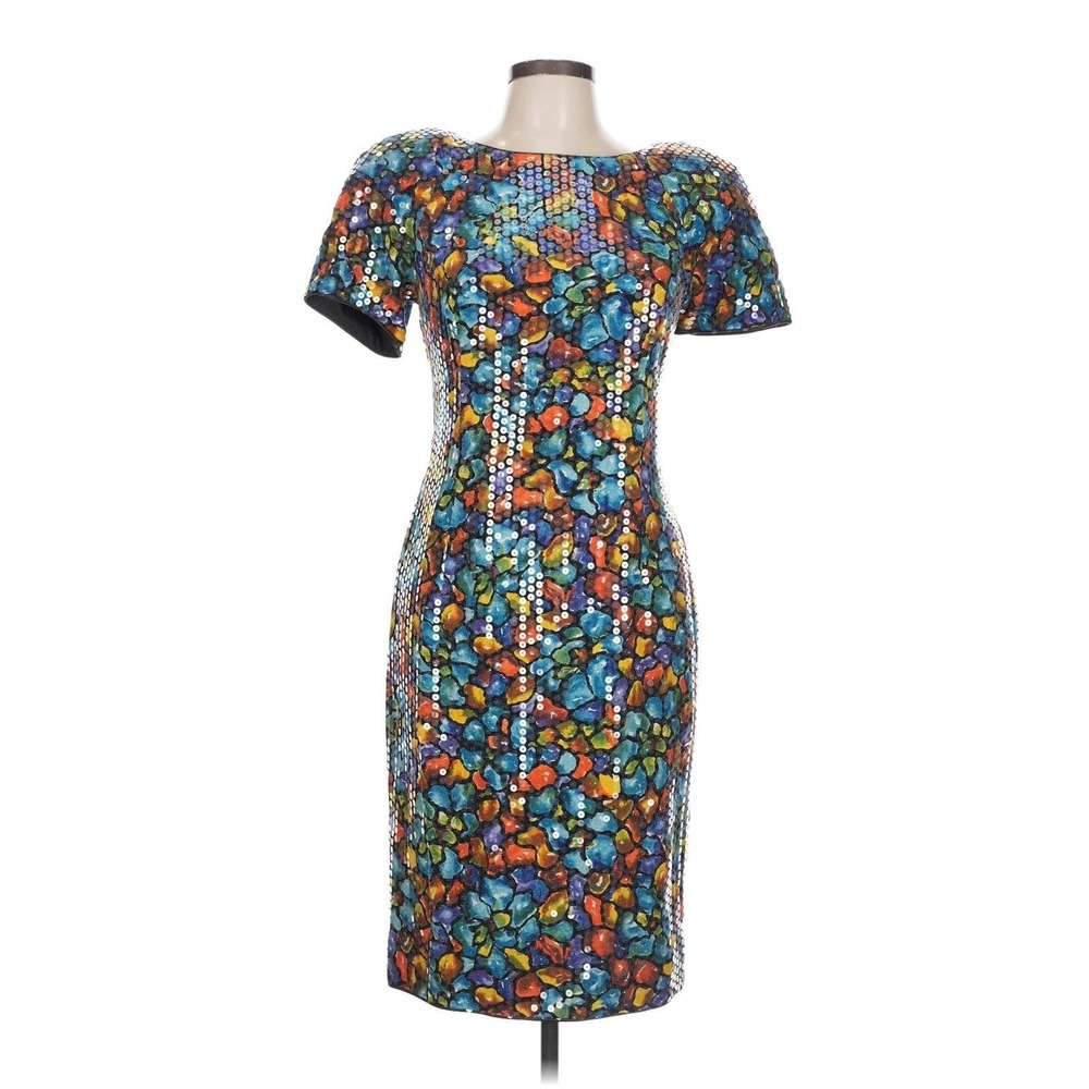Rimini Vtg 100% Silk Sequin Abstract Floral Dress Criss Cross Back Sz 10 Luxury